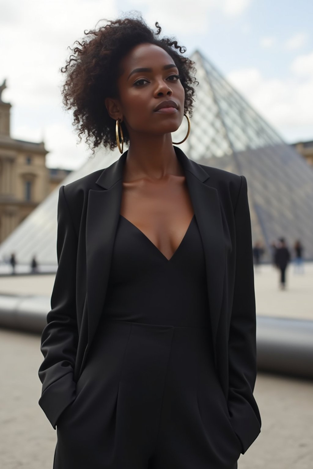 stylish and chic  woman in Paris wearing a chic black dress/suit, Louvre pyramid in the background