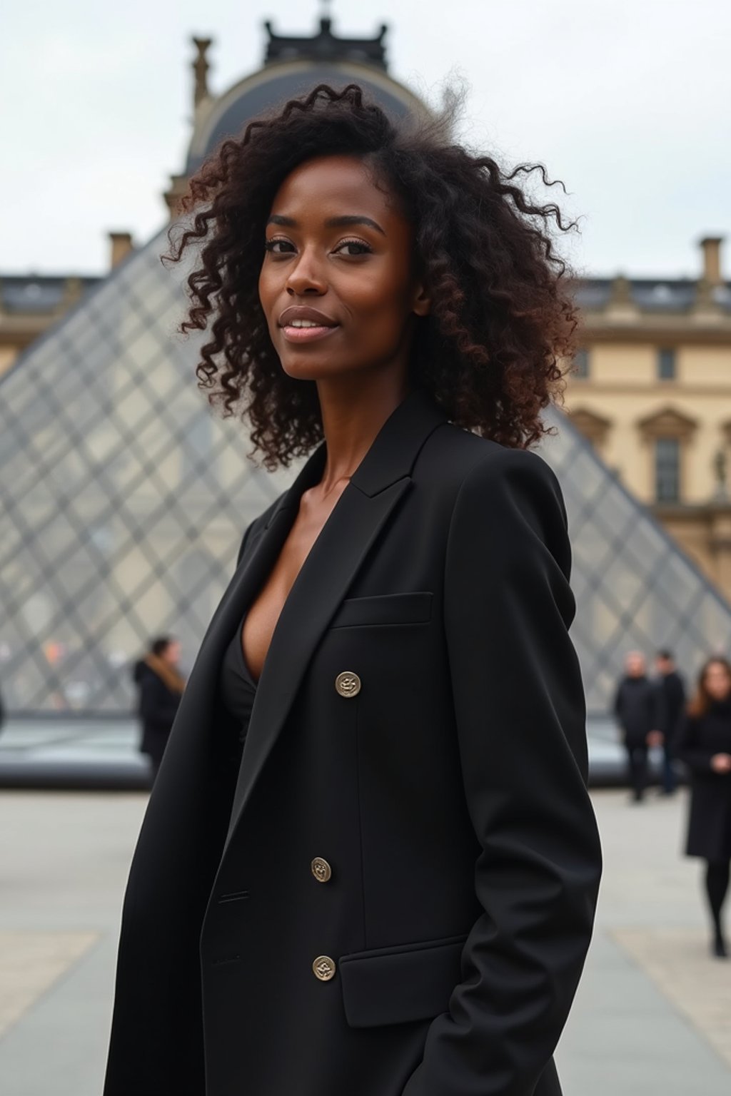 stylish and chic  woman in Paris wearing a chic black dress/suit, Louvre pyramid in the background