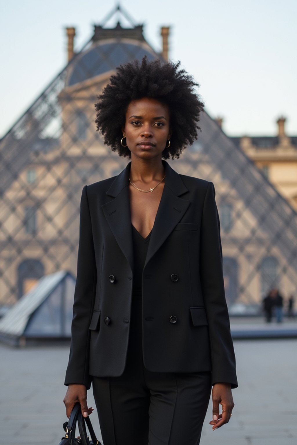 stylish and chic  woman in Paris wearing a chic black dress/suit, Louvre pyramid in the background