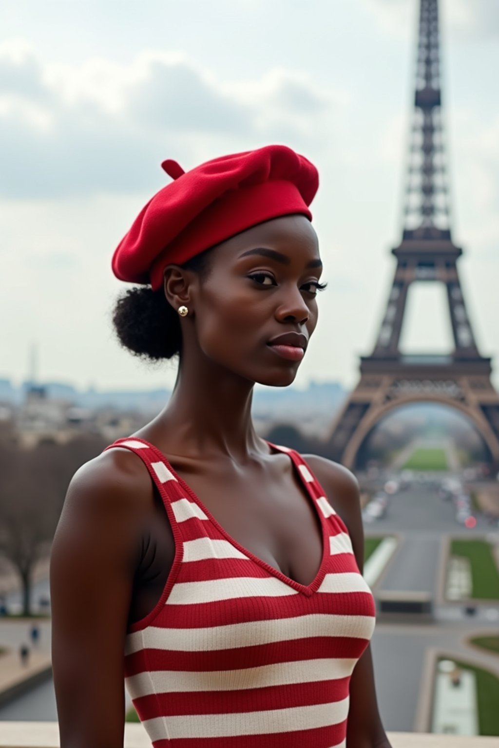 stylish and chic  woman in Paris, wearing a beret and striped top, Eiffel Tower in the background