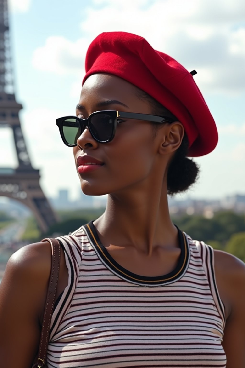 stylish and chic  woman in Paris, wearing a beret and striped top, Eiffel Tower in the background