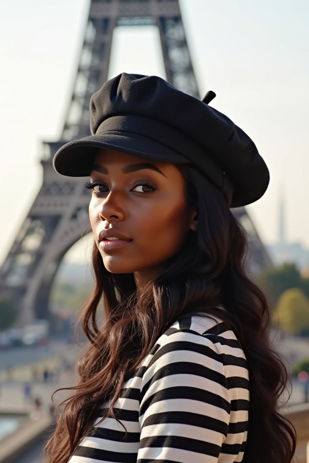 stylish and chic  woman in Paris, wearing a beret and striped top, Eiffel Tower in the background