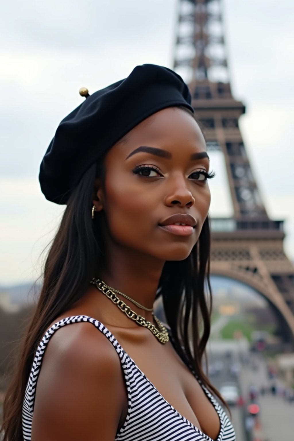 stylish and chic  woman in Paris, wearing a beret and striped top, Eiffel Tower in the background