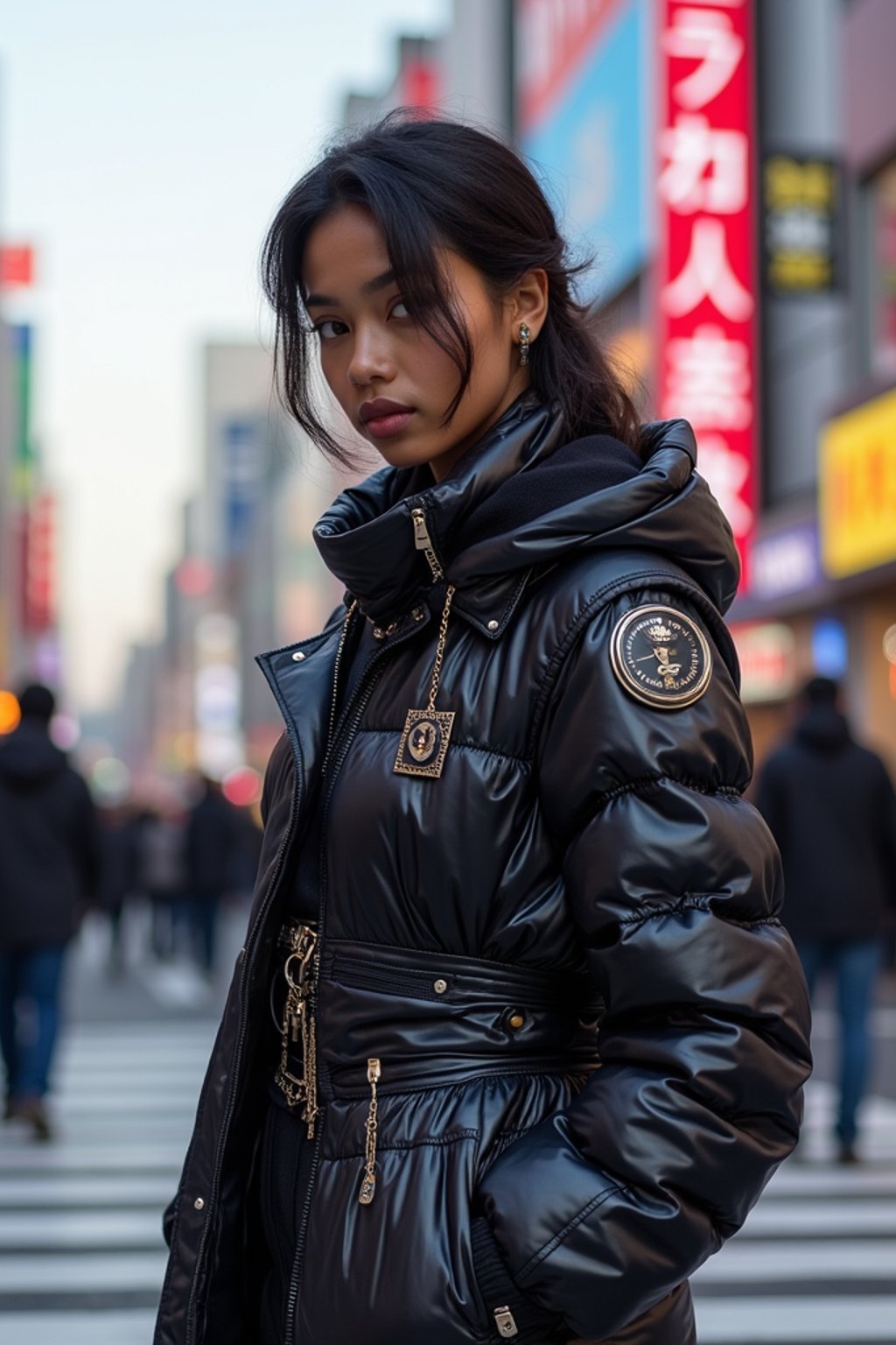 stylish and chic  woman in Tokyo wearing a futuristic outfit, Shibuya crossing in the background