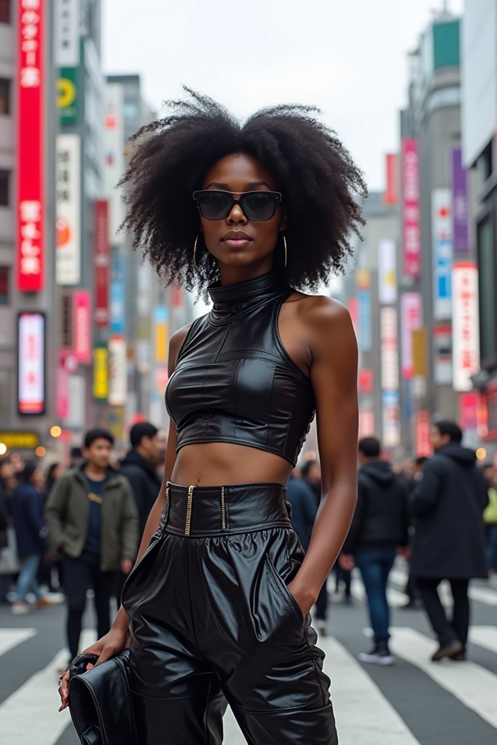 stylish and chic  woman in Tokyo wearing a futuristic outfit, Shibuya crossing in the background