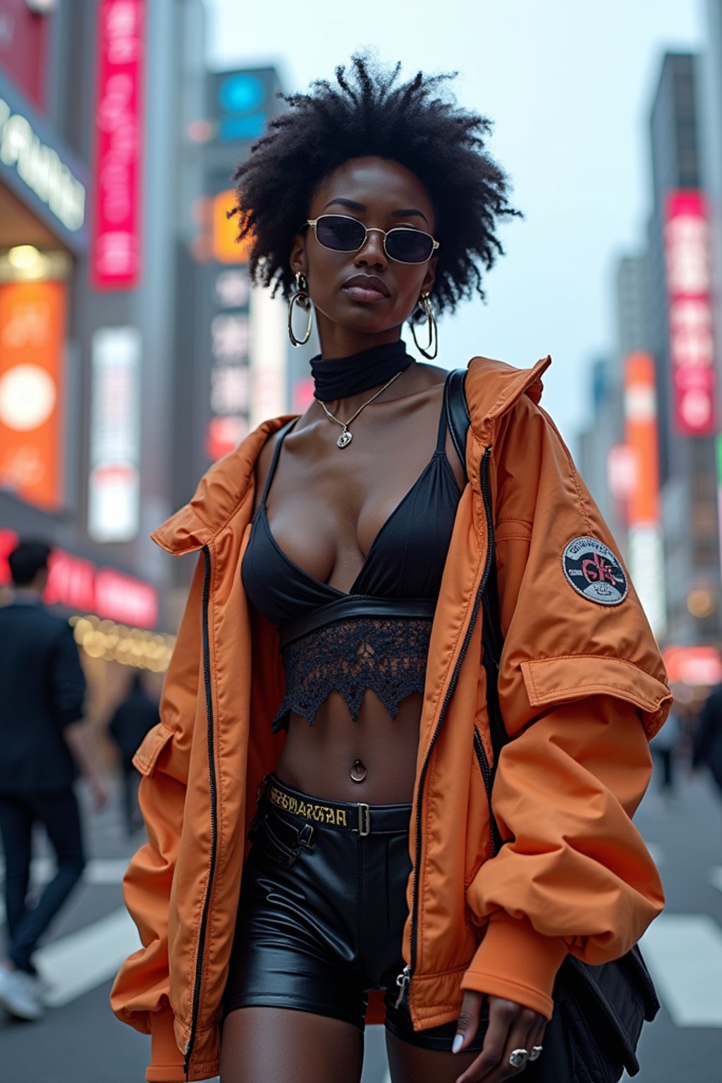 stylish and chic  woman in Tokyo wearing a futuristic outfit, Shibuya crossing in the background