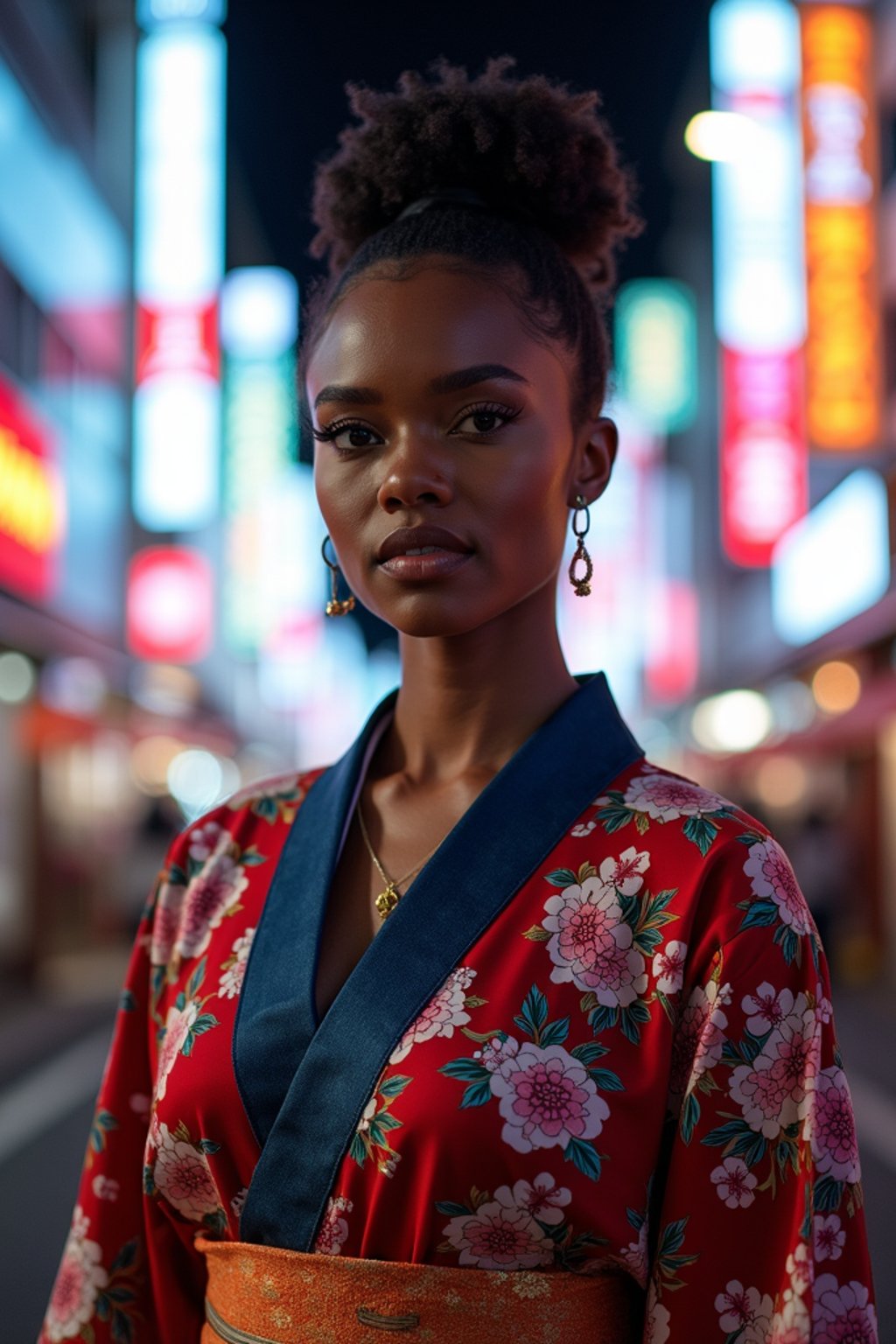 stylish and chic  woman in Tokyo wearing a modern take on a traditional kimono, neon lights of the city in the background