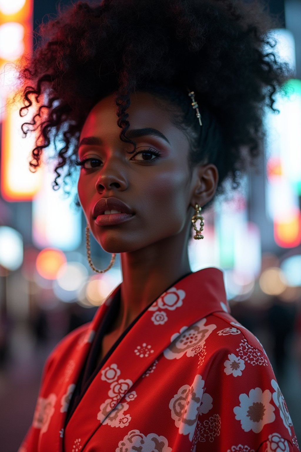 stylish and chic  woman in Tokyo wearing a modern take on a traditional kimono, neon lights of the city in the background