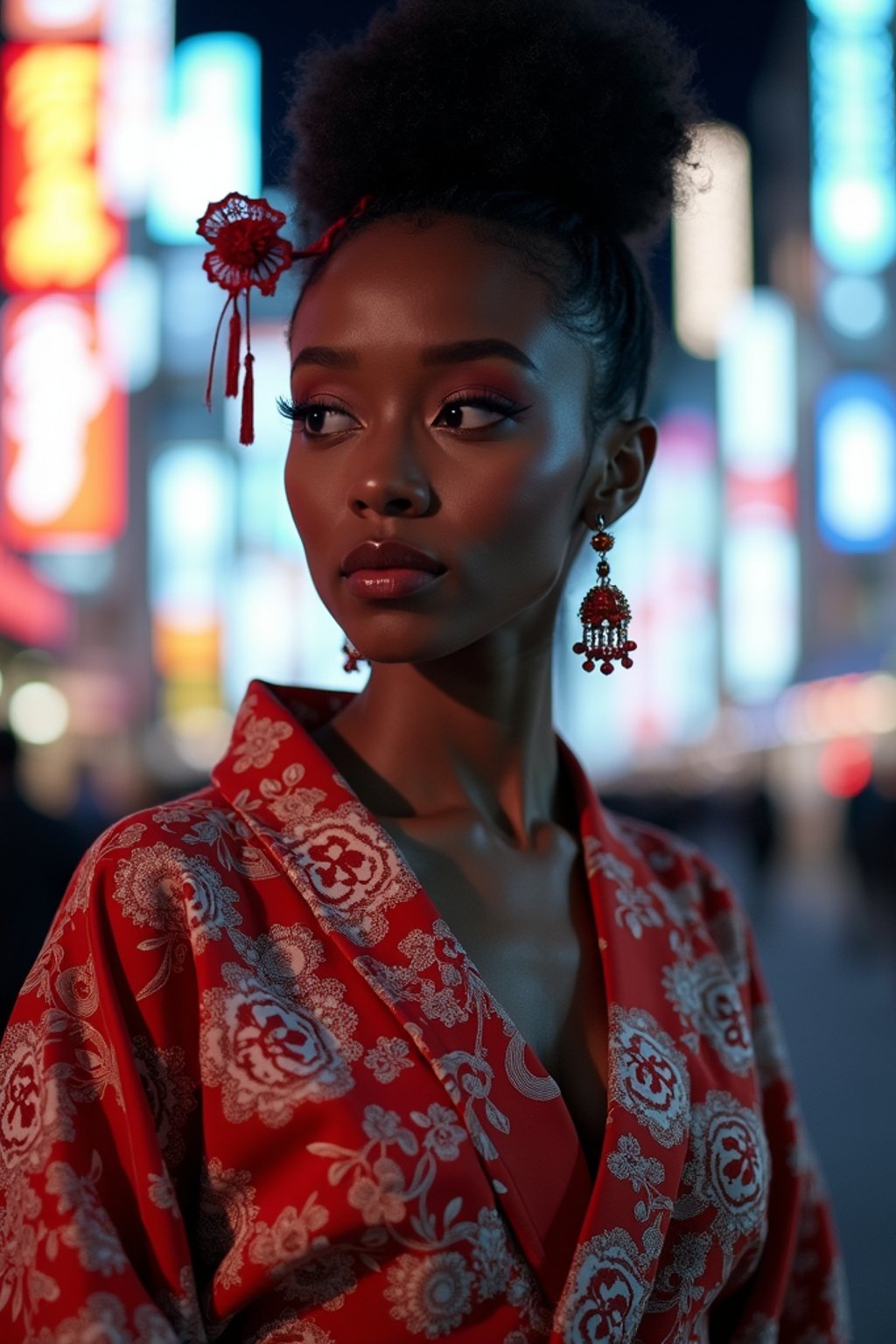 stylish and chic  woman in Tokyo wearing a modern take on a traditional kimono, neon lights of the city in the background