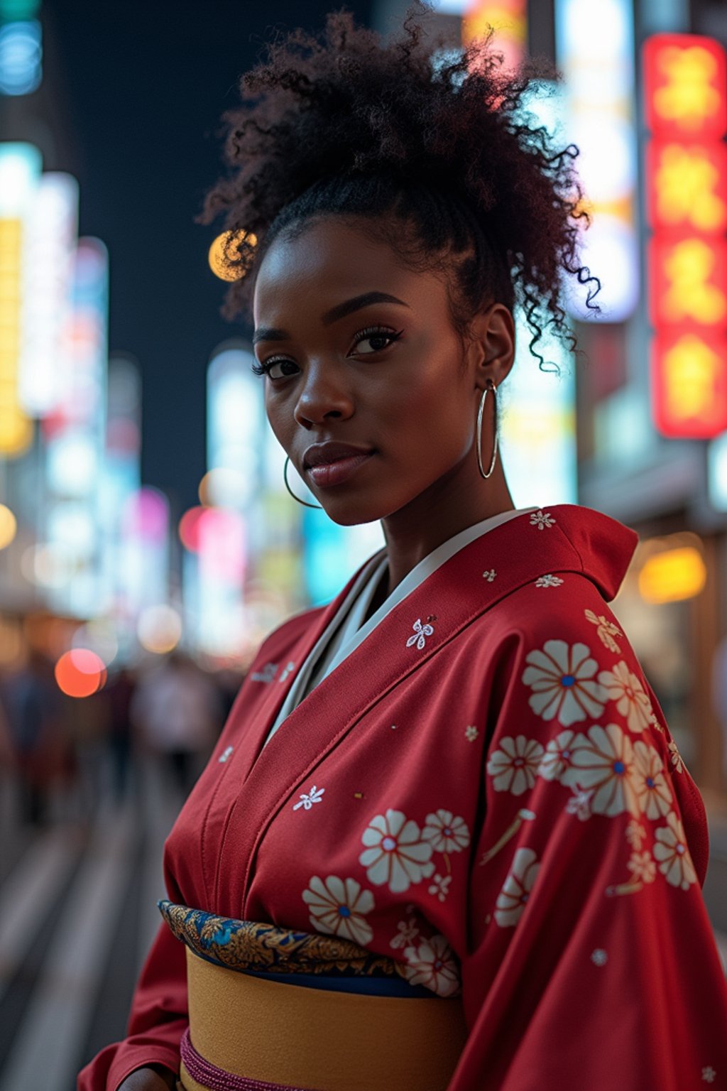 stylish and chic  woman in Tokyo wearing a modern take on a traditional kimono, neon lights of the city in the background