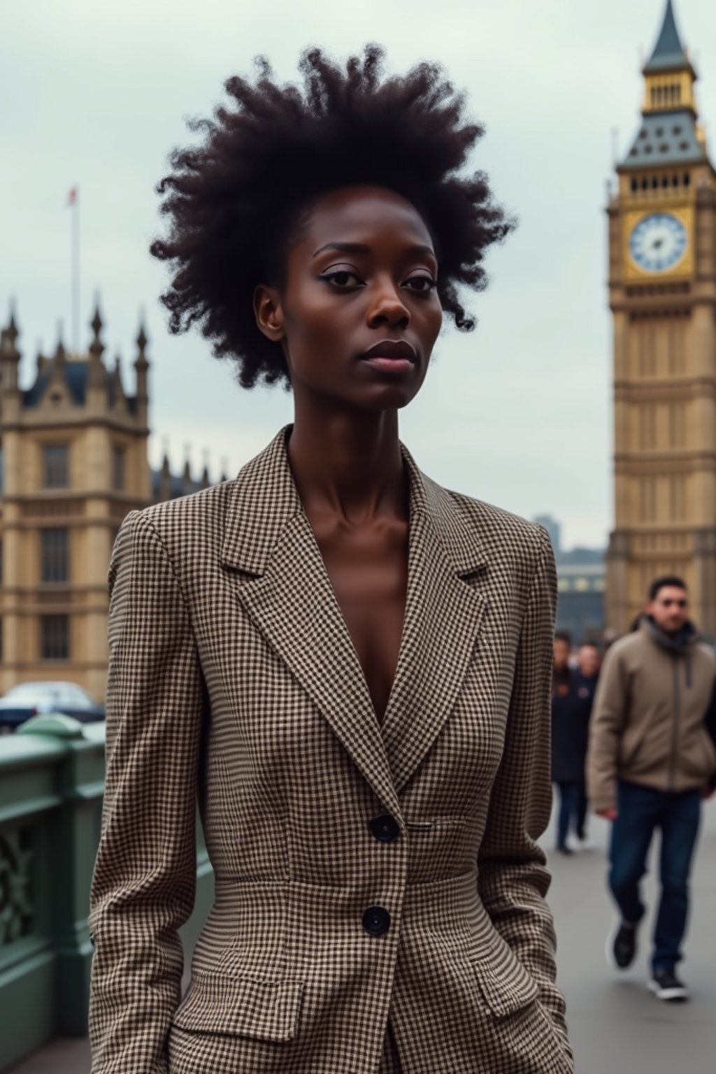 stylish and chic  woman in London wearing a checkered suit, Big Ben in the background