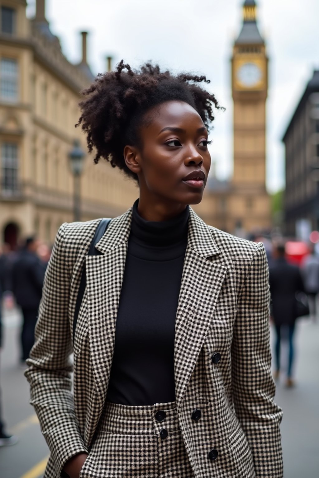 stylish and chic  woman in London wearing a checkered suit, Big Ben in the background