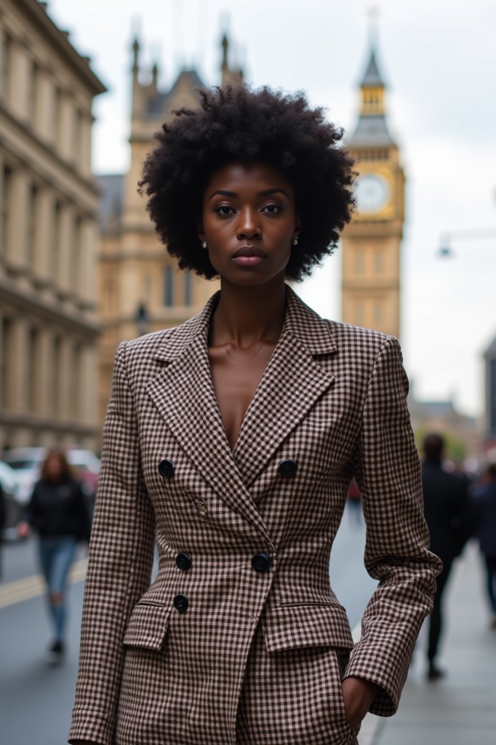 stylish and chic  woman in London wearing a checkered suit, Big Ben in the background