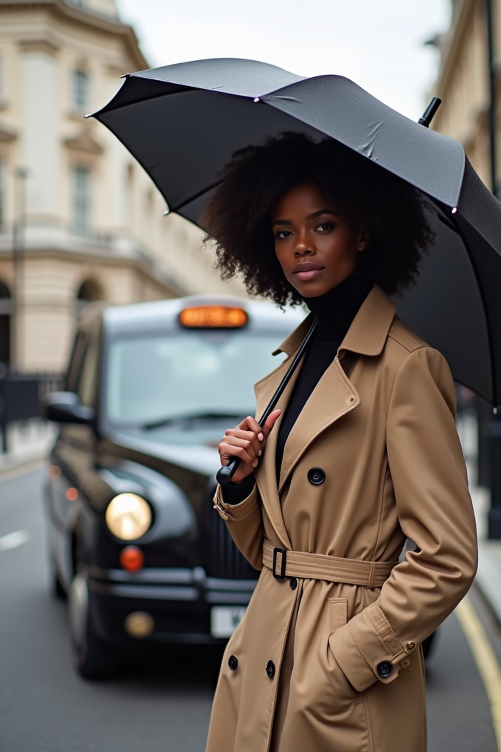 stylish and chic  woman in London sporting a trench coat and holding an umbrella, iconic London cab in the background