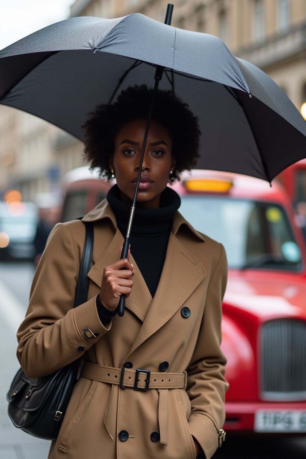 stylish and chic  woman in London sporting a trench coat and holding an umbrella, iconic London cab in the background