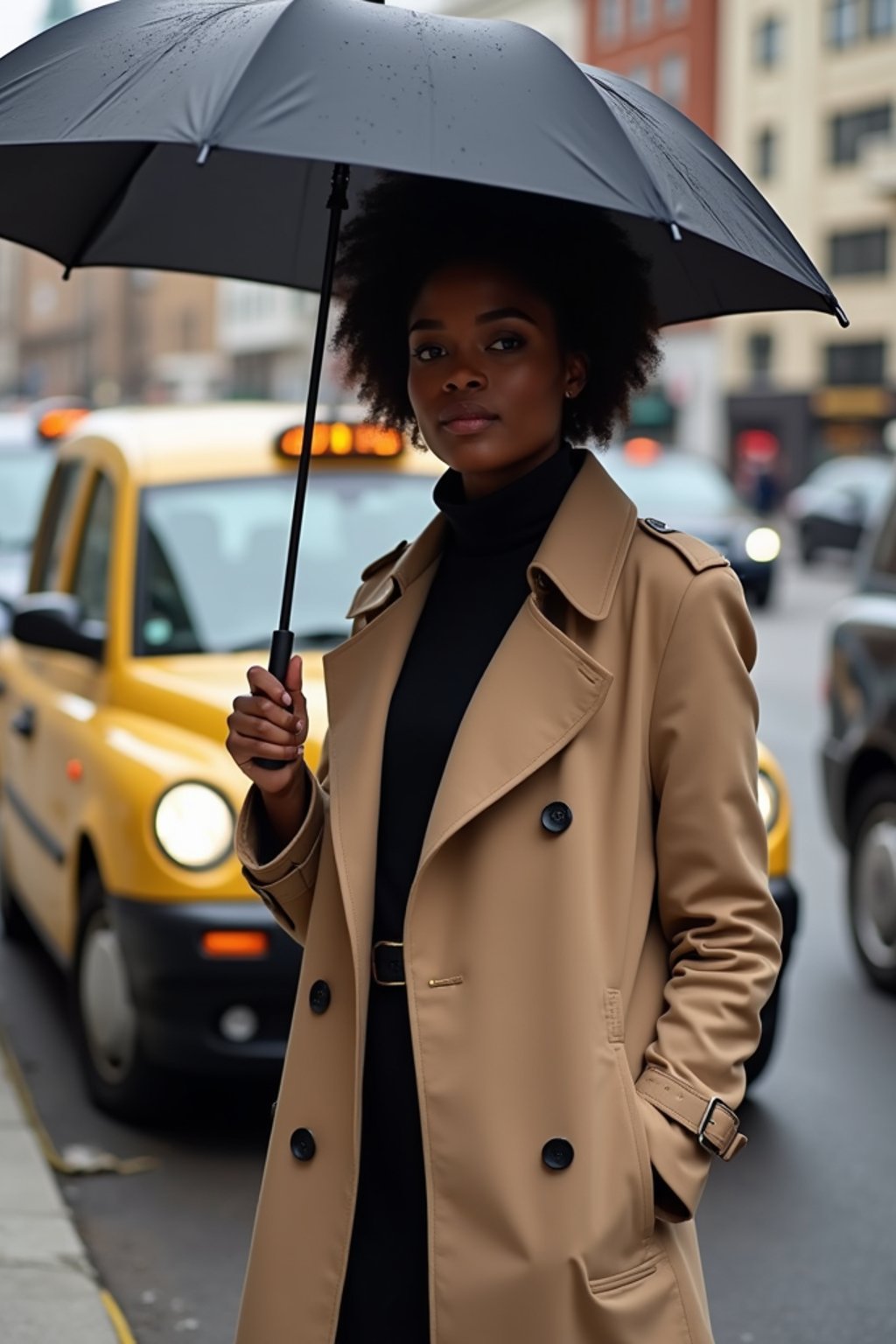 stylish and chic  woman in London sporting a trench coat and holding an umbrella, iconic London cab in the background