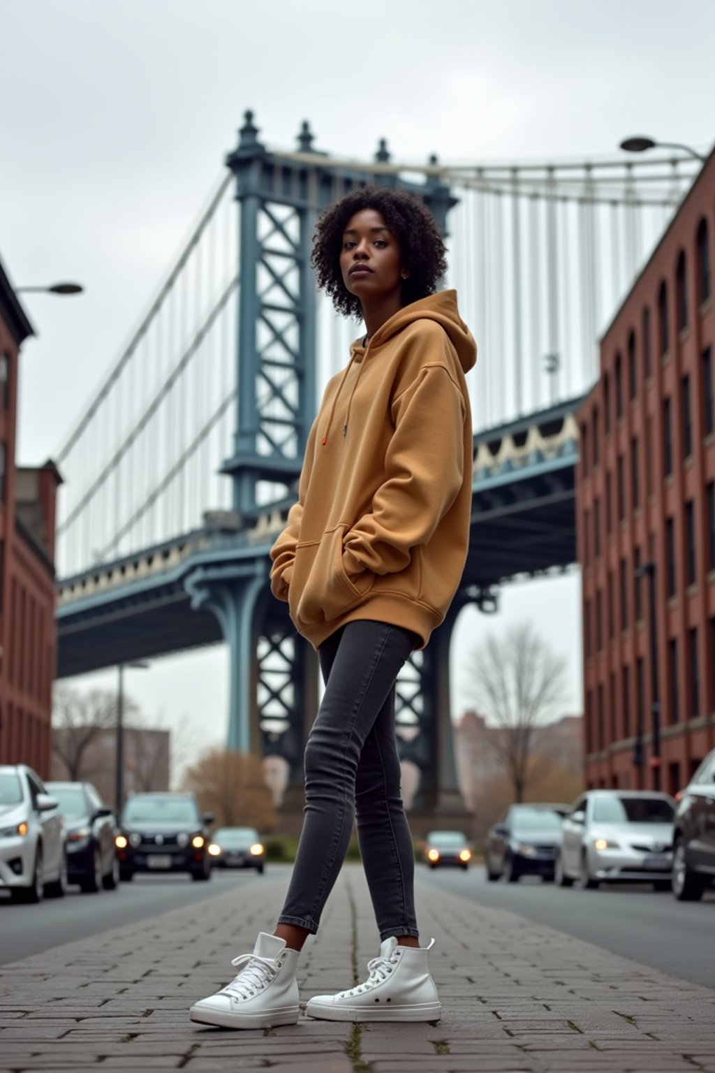 stylish and chic  woman in New York City wearing an oversized sweatshirt and high top sneakers, Brooklyn Bridge in the background