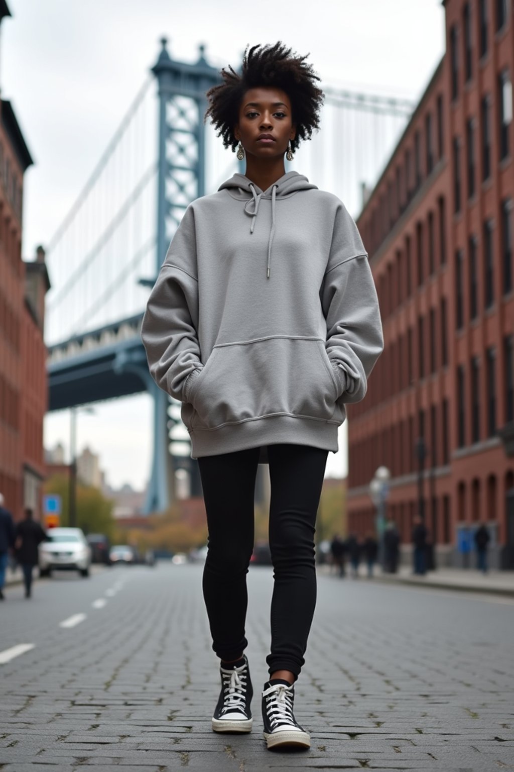 stylish and chic  woman in New York City wearing an oversized sweatshirt and high top sneakers, Brooklyn Bridge in the background