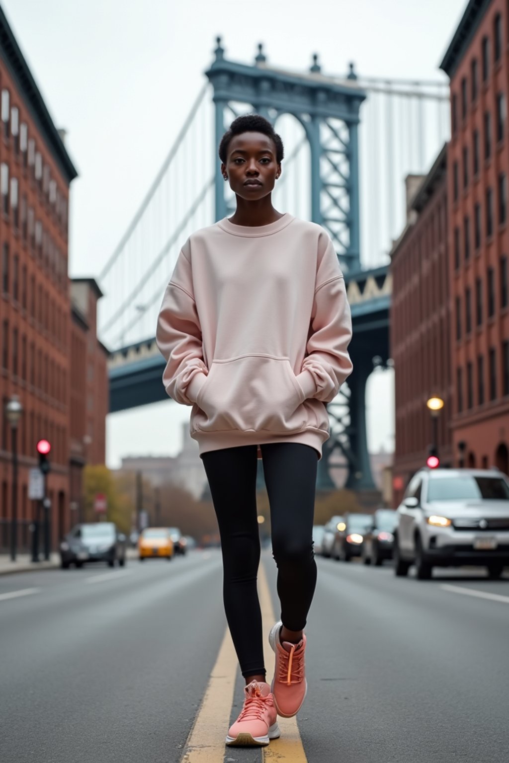 stylish and chic  woman in New York City wearing an oversized sweatshirt and high top sneakers, Brooklyn Bridge in the background