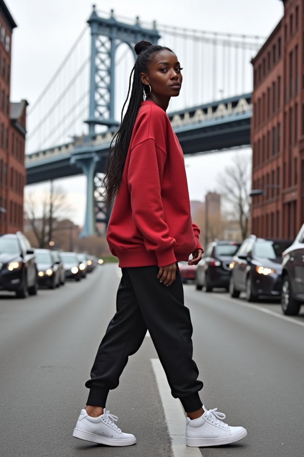 stylish and chic  woman in New York City wearing an oversized sweatshirt and high top sneakers, Brooklyn Bridge in the background