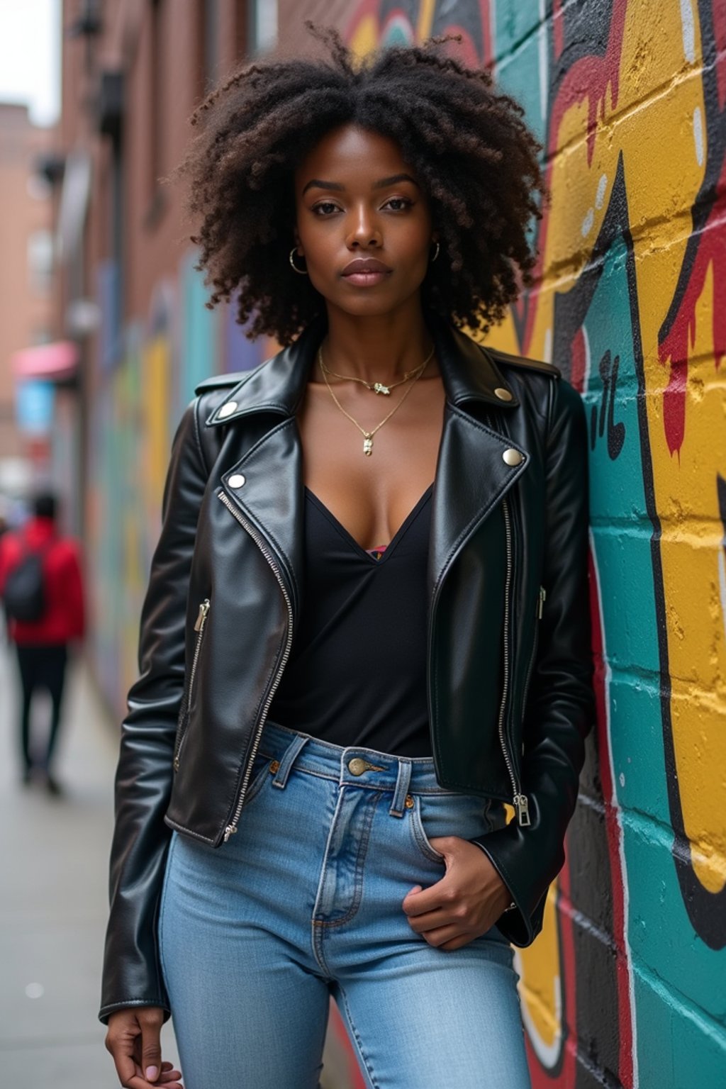 stylish and chic  woman in New York City wearing a leather jacket, jeans, and boots with urban graffiti in the background