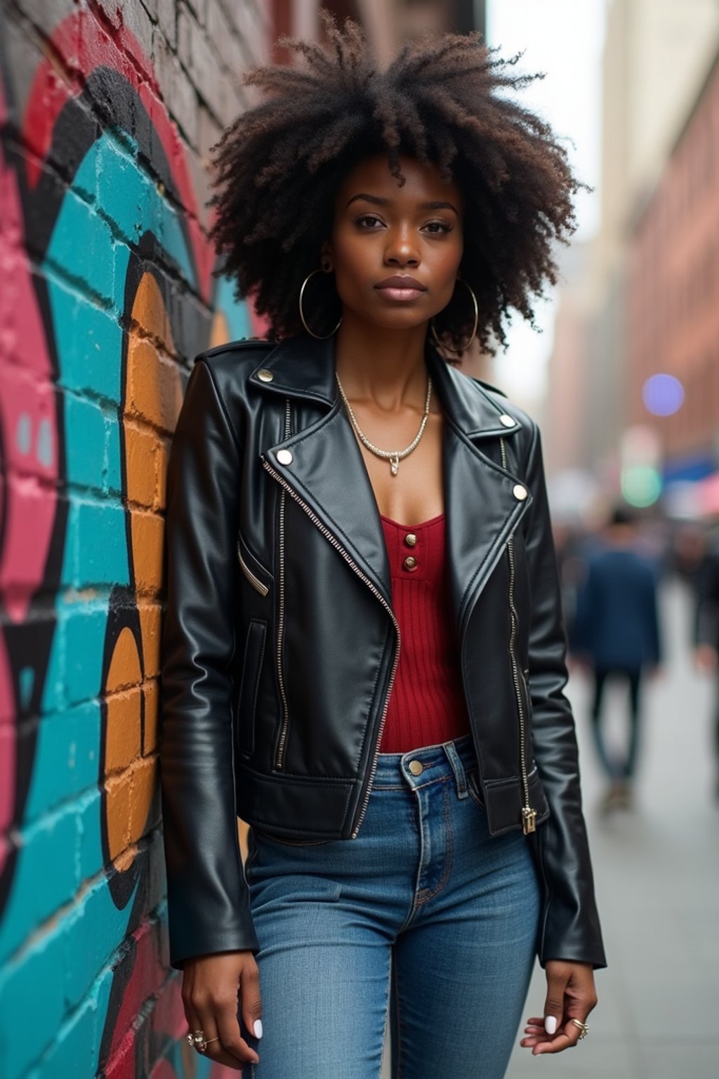 stylish and chic  woman in New York City wearing a leather jacket, jeans, and boots with urban graffiti in the background