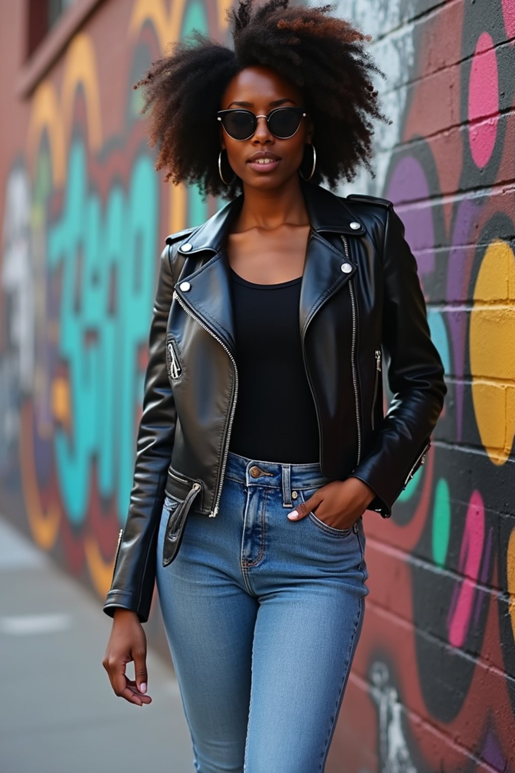 stylish and chic  woman in New York City wearing a leather jacket, jeans, and boots with urban graffiti in the background