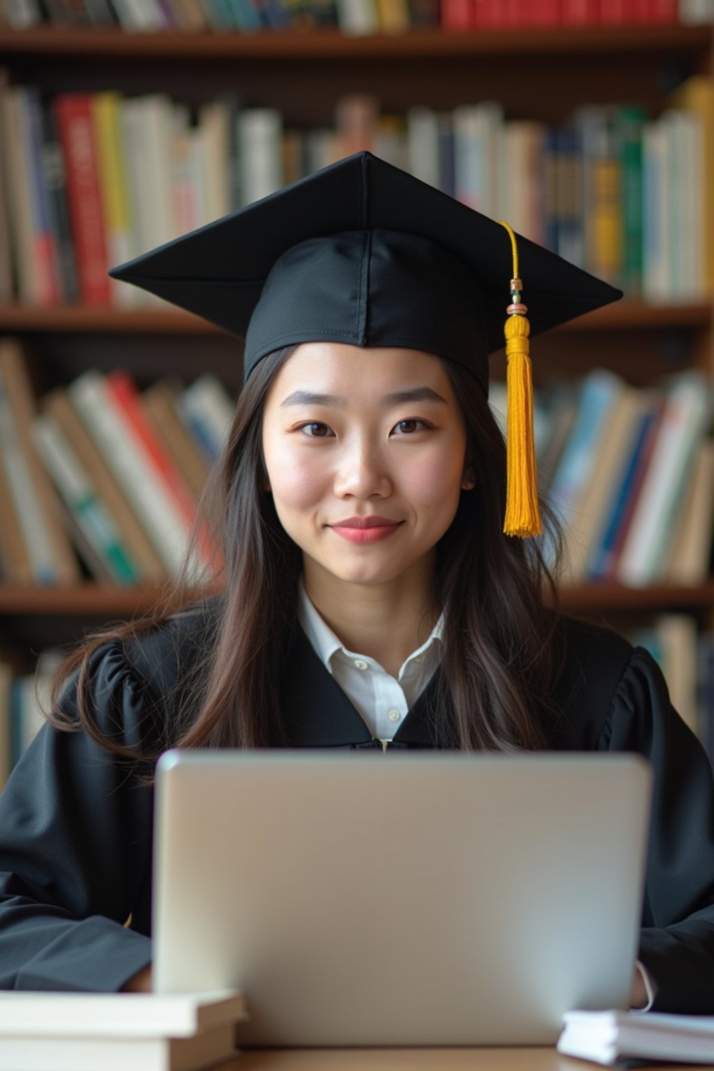 a graduate woman surrounded by books and a laptop in unversity