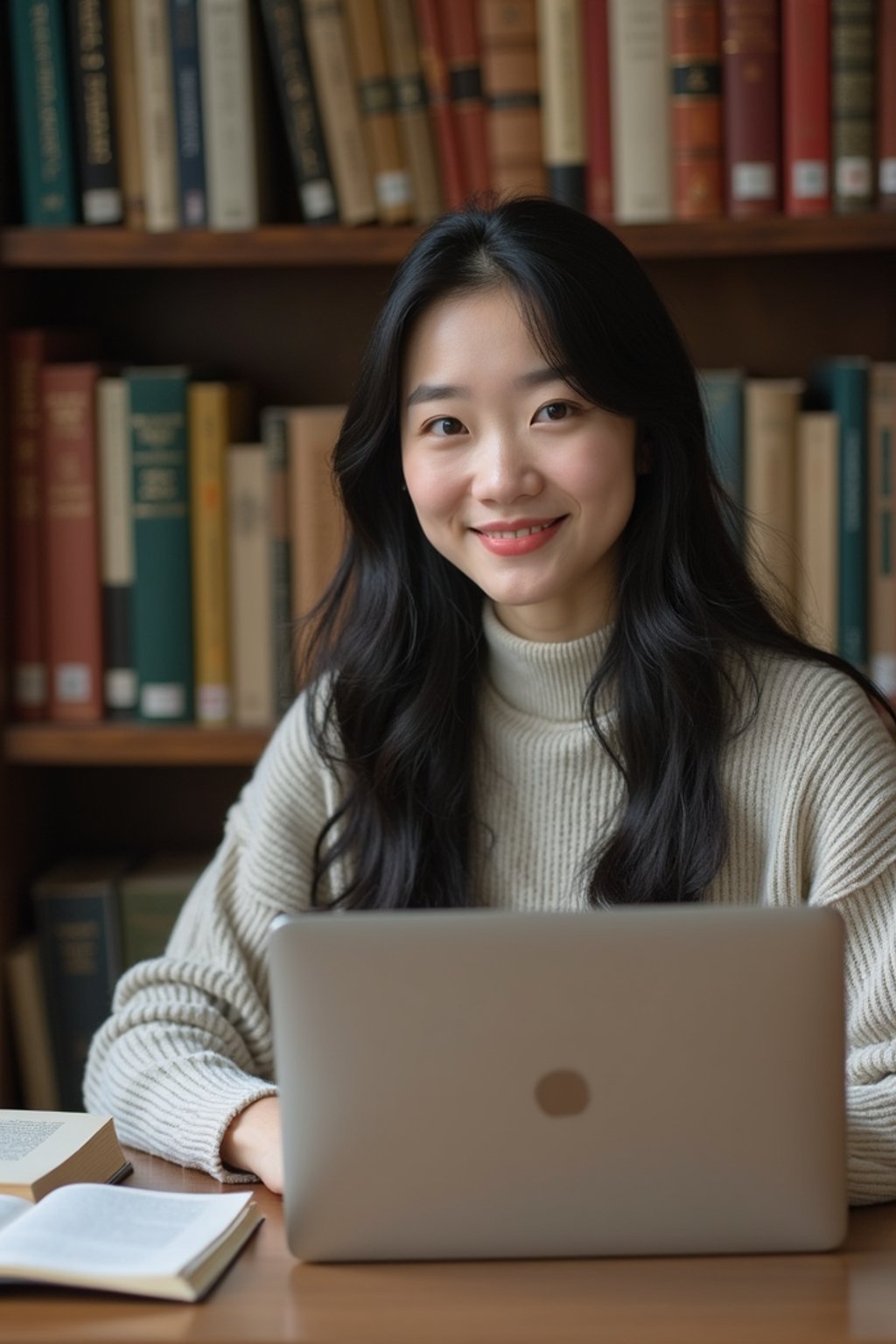 a graduate woman surrounded by books and a laptop in unversity