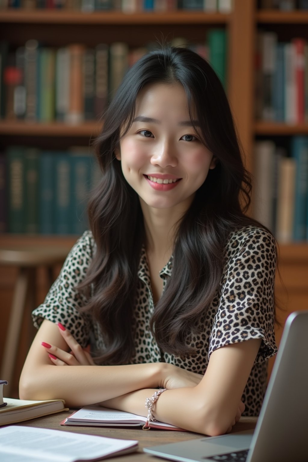 a graduate woman surrounded by books and a laptop in unversity