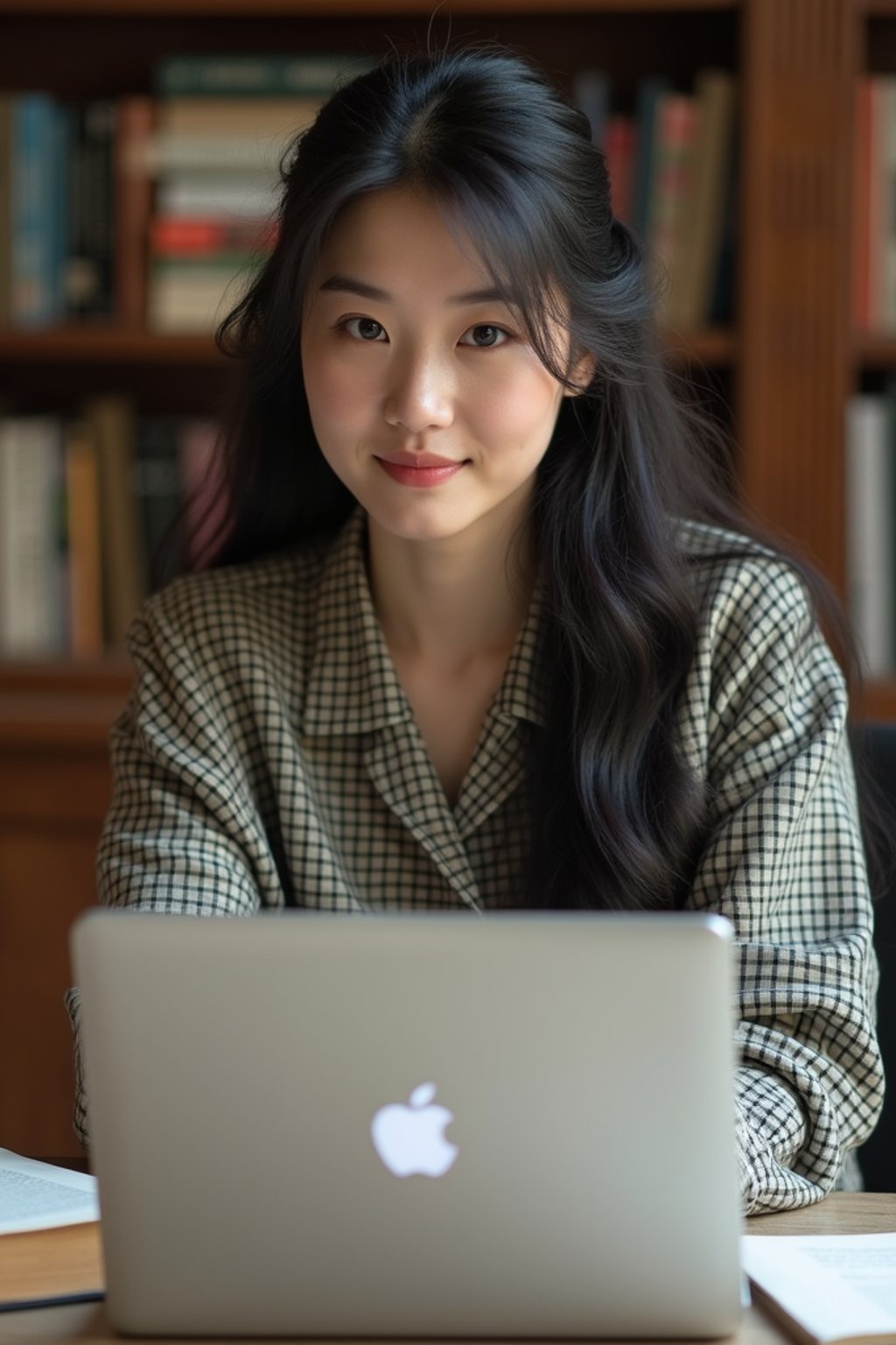 a graduate woman surrounded by books and a laptop in unversity