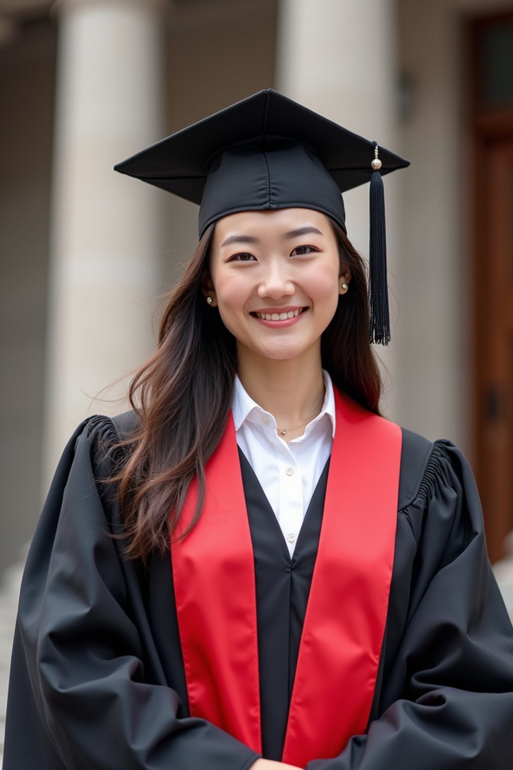 a graduate woman in their academic regalia, standing in front of their university building