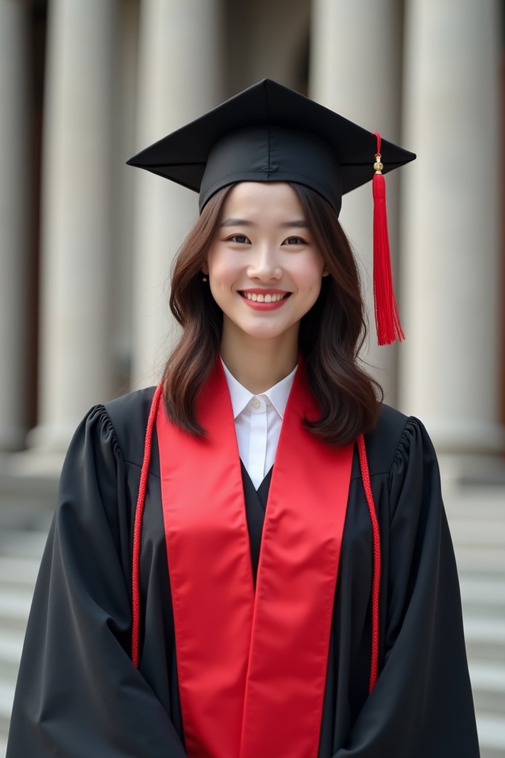 a graduate woman in their academic regalia, standing in front of their university building