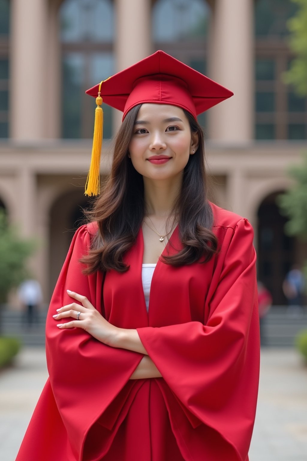 a graduate woman in their academic regalia, standing in front of their university building