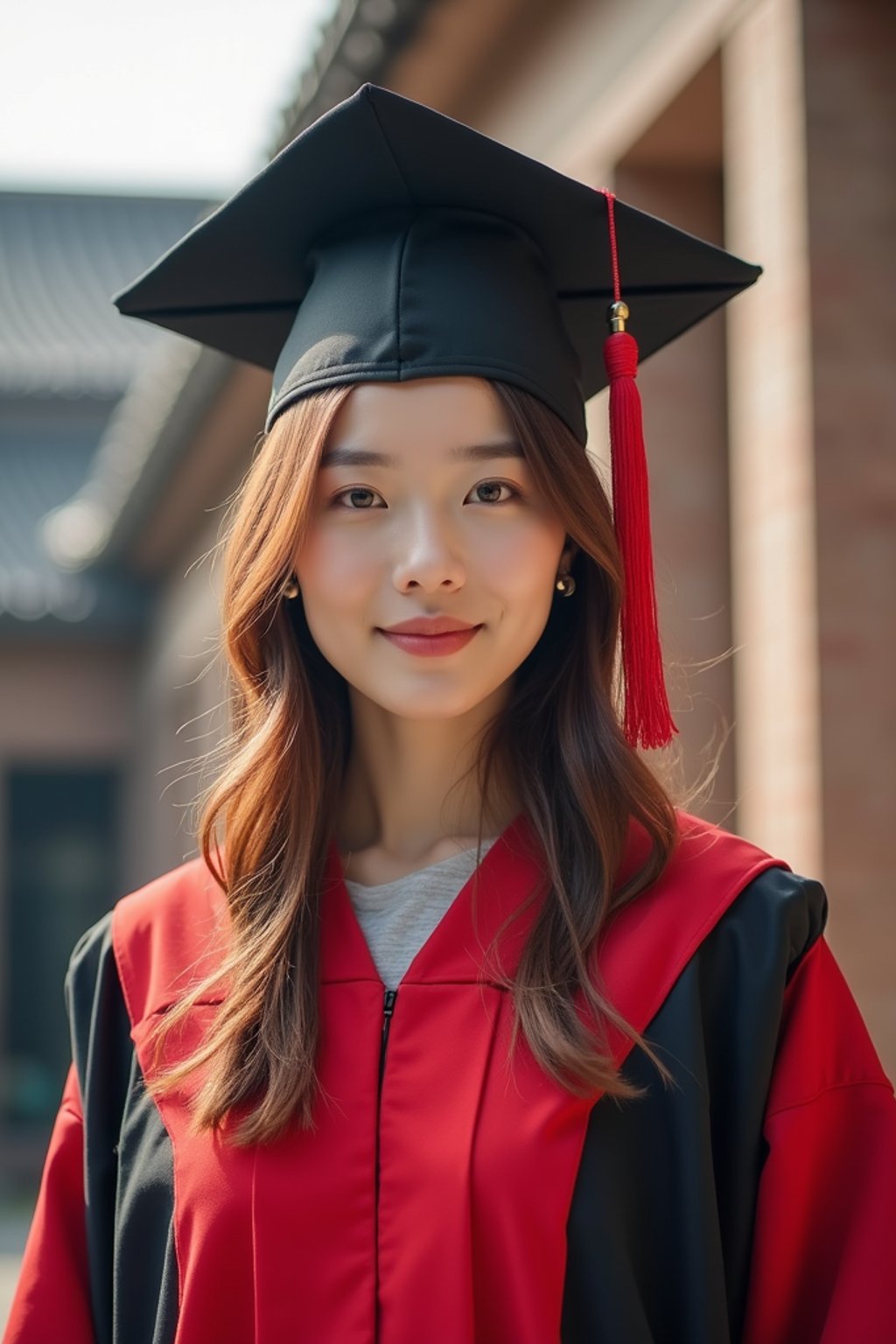 a graduate woman in their academic regalia, standing in front of their university building