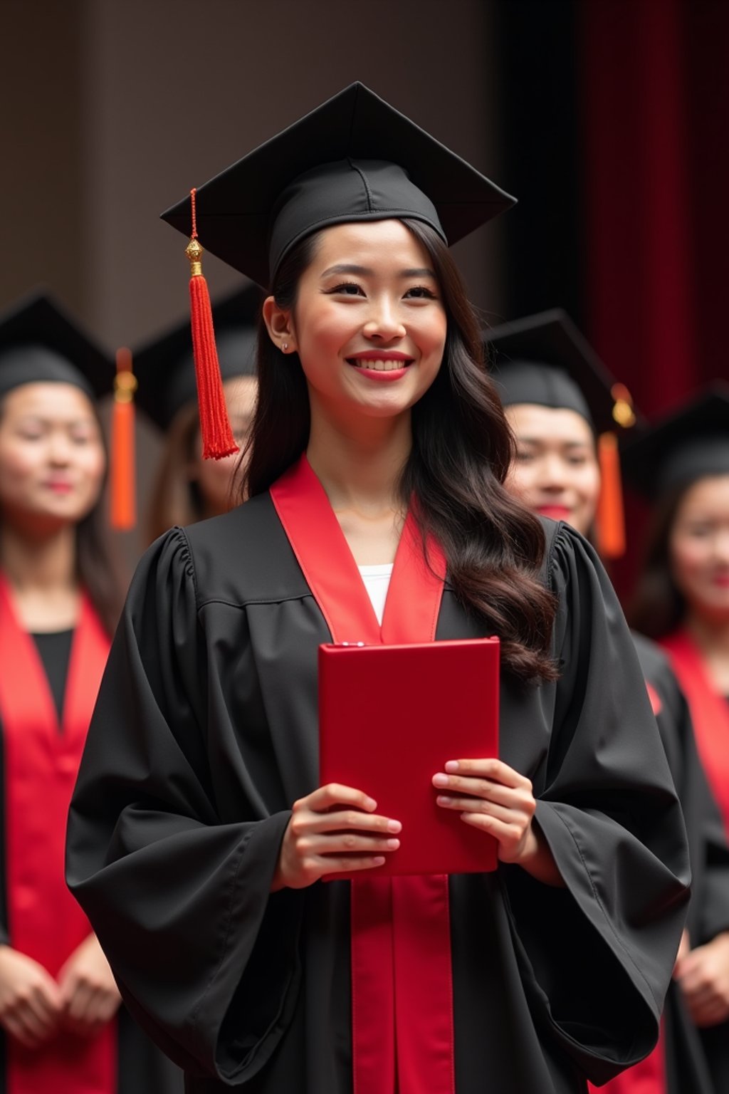 a graduate woman in their academic gown at stage to receive their diploma