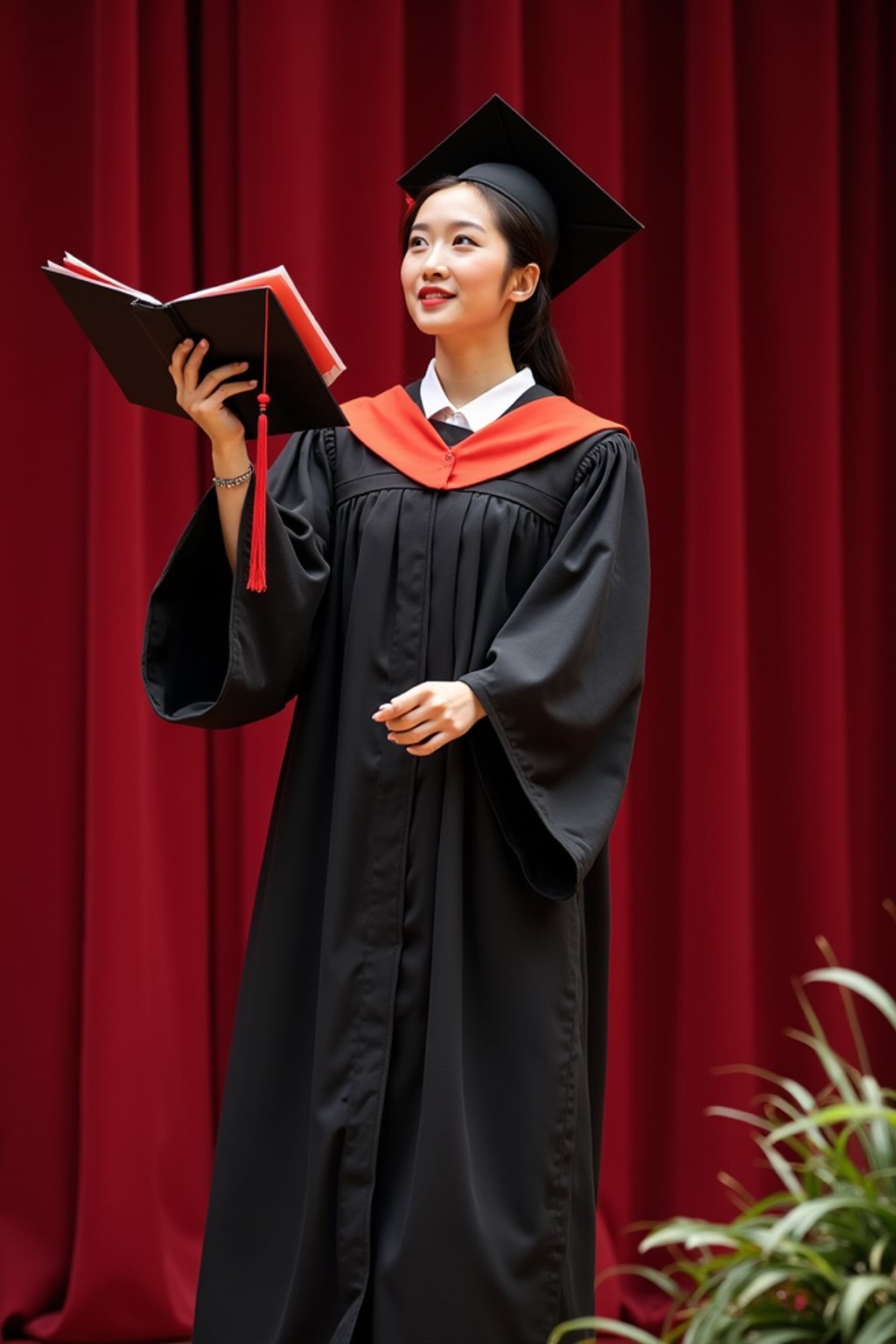 a graduate woman in their academic gown at stage to receive their diploma