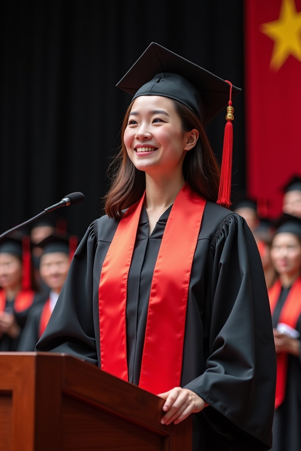 a graduate woman in their academic gown at stage to receive their diploma