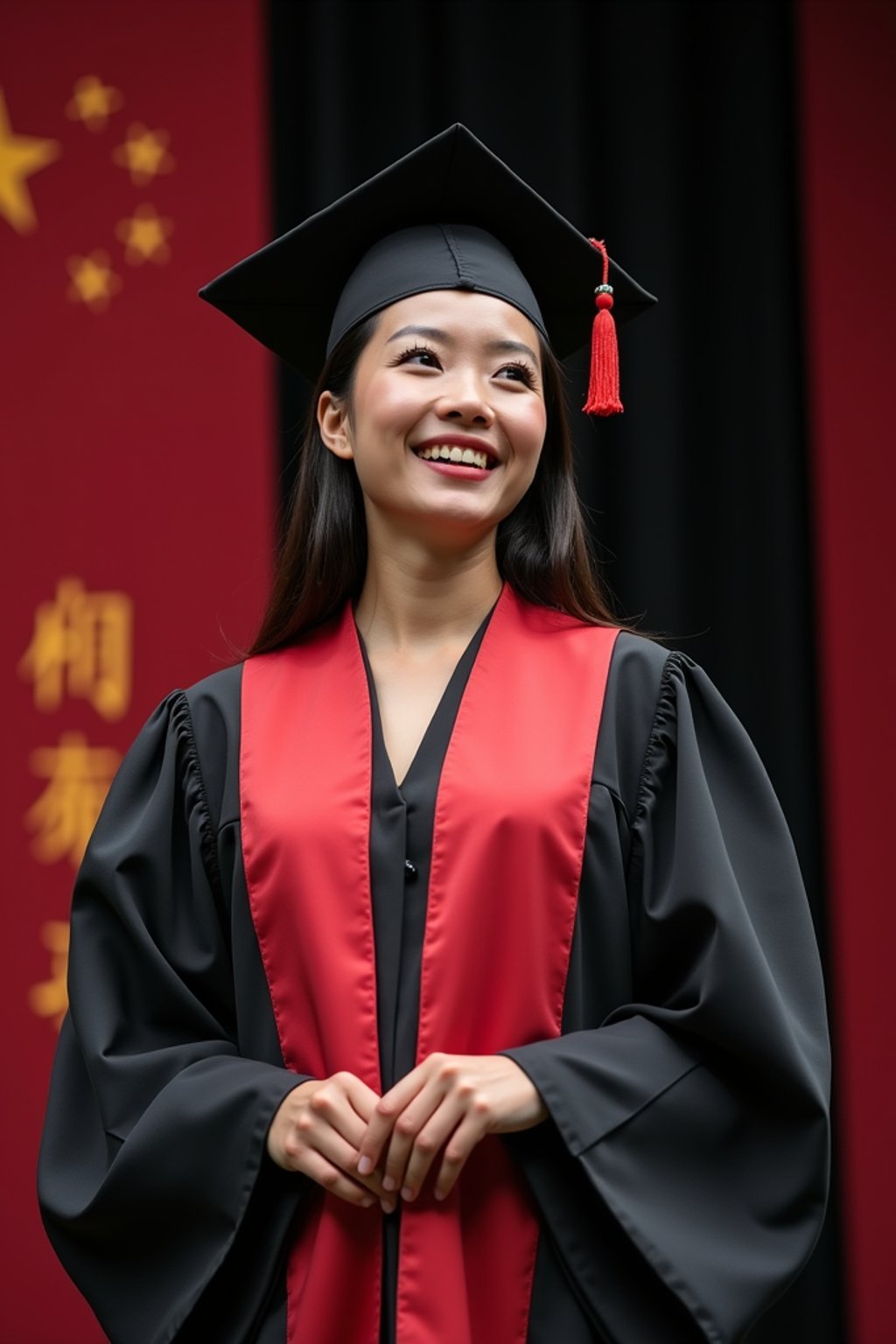 a graduate woman in their academic gown at stage to receive their diploma