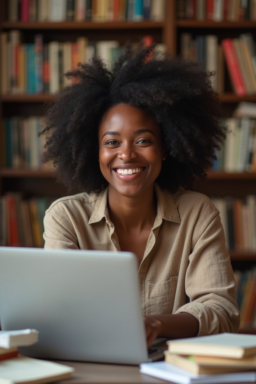 a graduate woman surrounded by books and a laptop in unversity