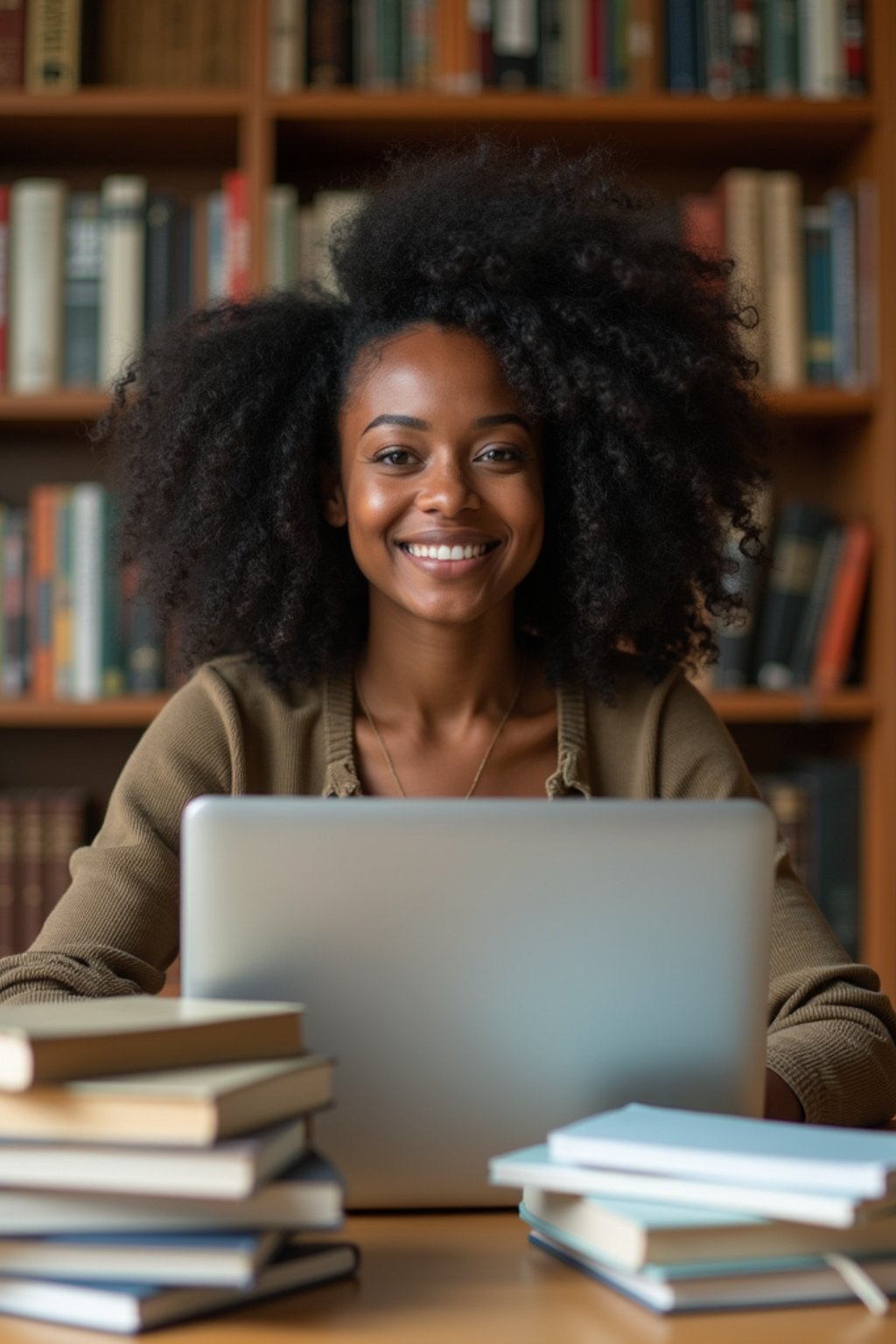 a graduate woman surrounded by books and a laptop in unversity