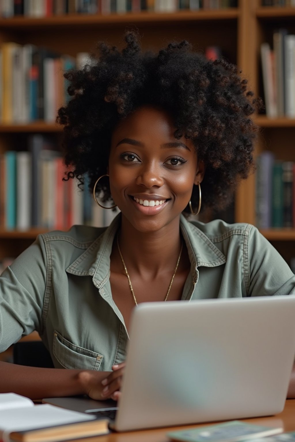 a graduate woman surrounded by books and a laptop in unversity