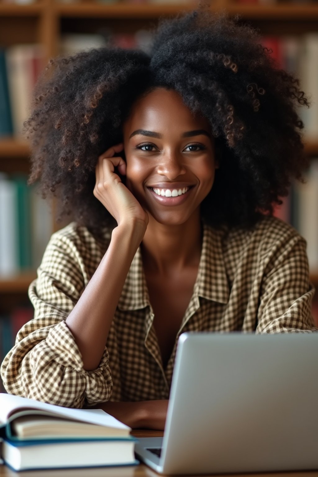 a graduate woman surrounded by books and a laptop in unversity