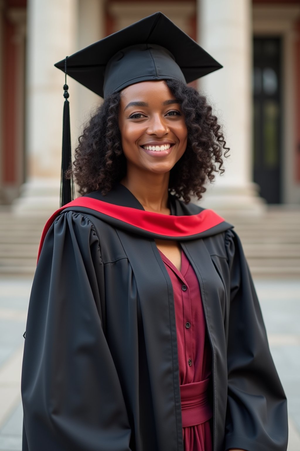 a graduate woman in their academic regalia, standing in front of their university building