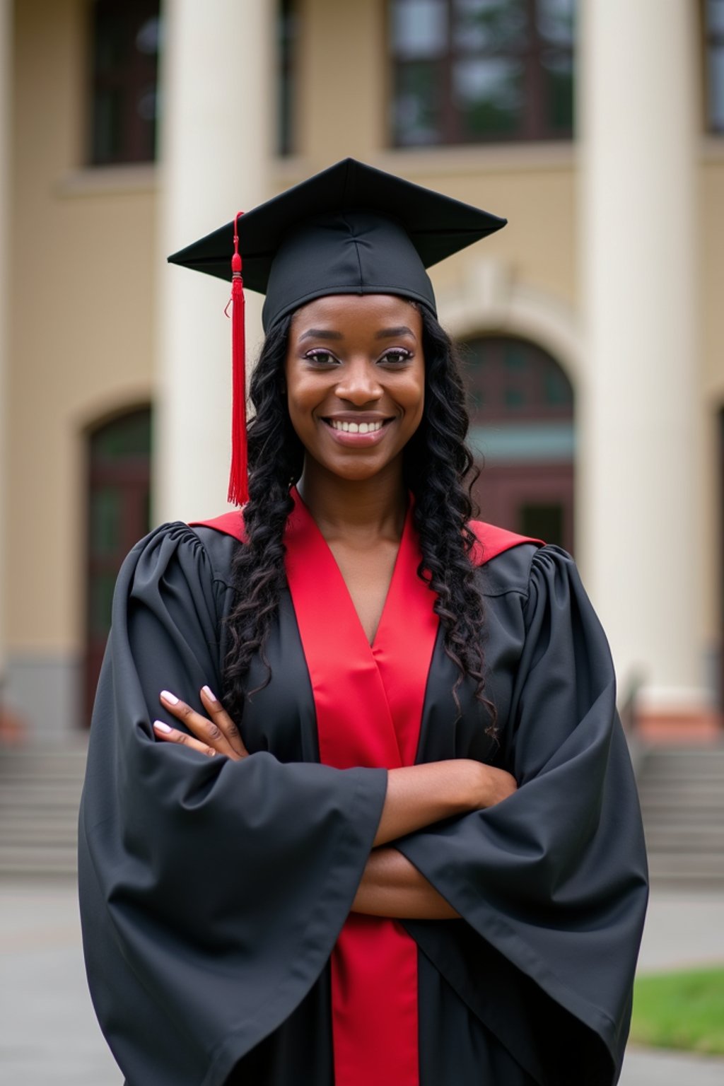 a graduate woman in their academic regalia, standing in front of their university building