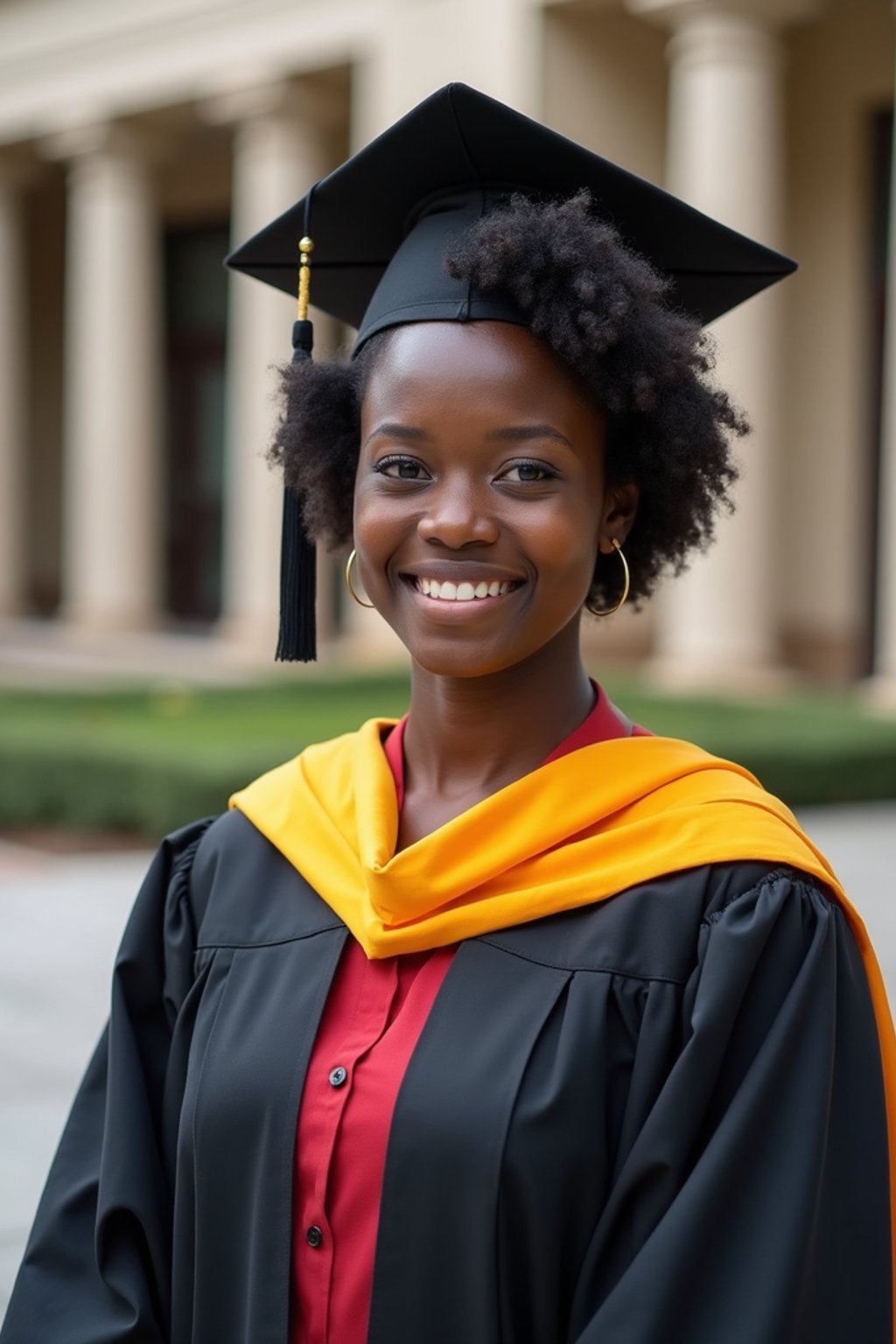 a graduate woman in their academic regalia, standing in front of their university building