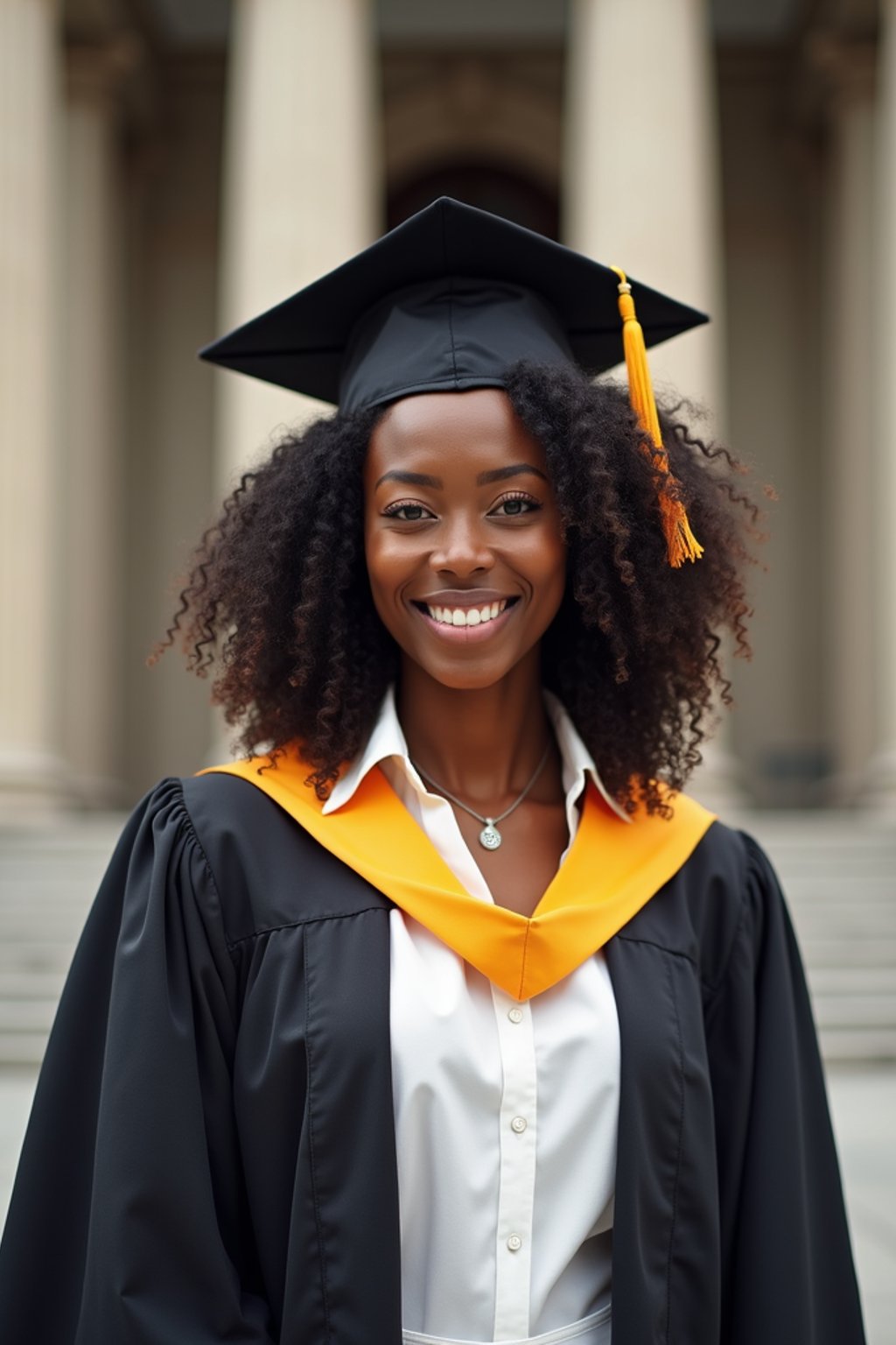 a graduate woman in their academic regalia, standing in front of their university building