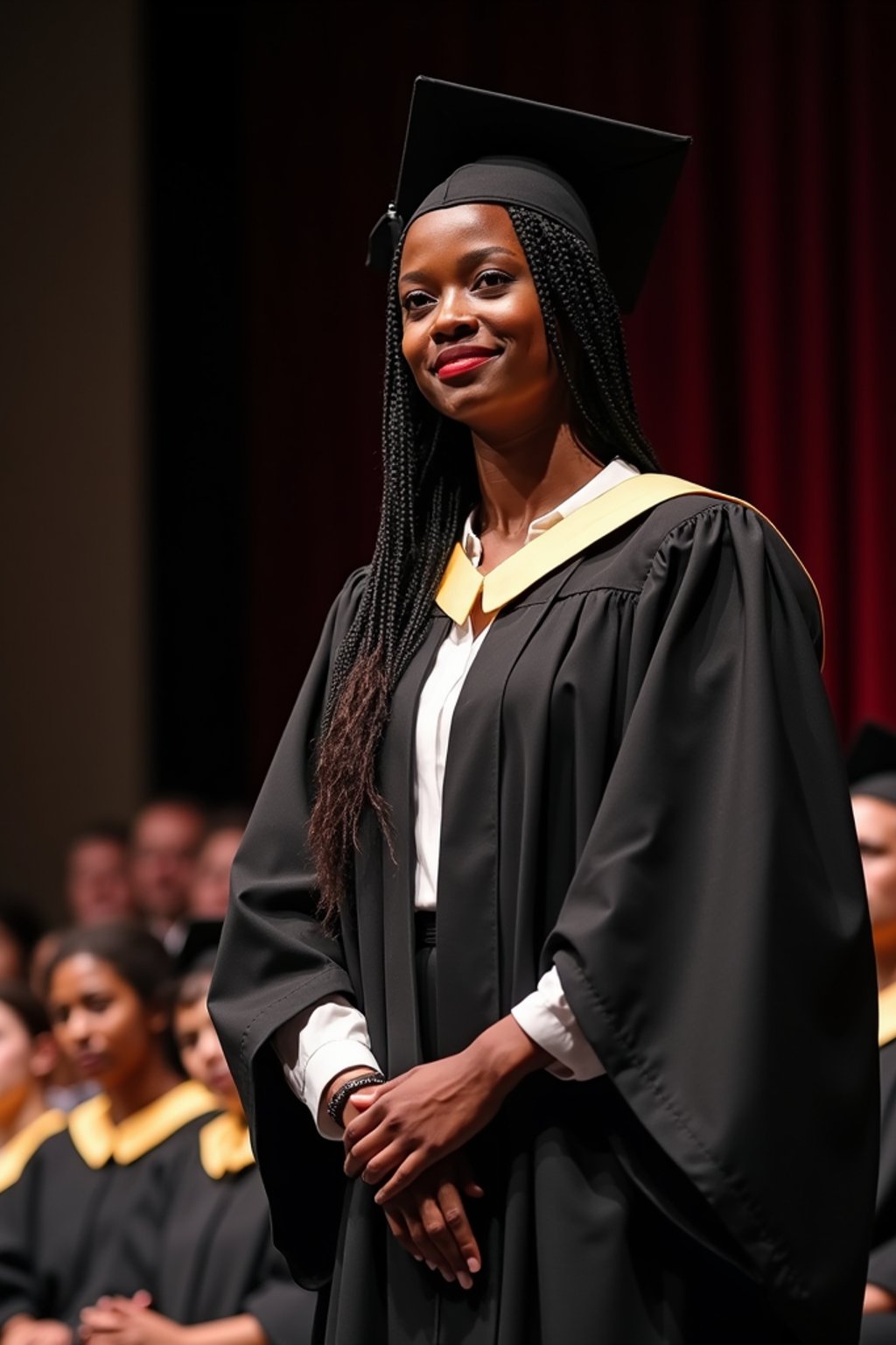 a graduate woman in their academic gown at stage to receive their diploma