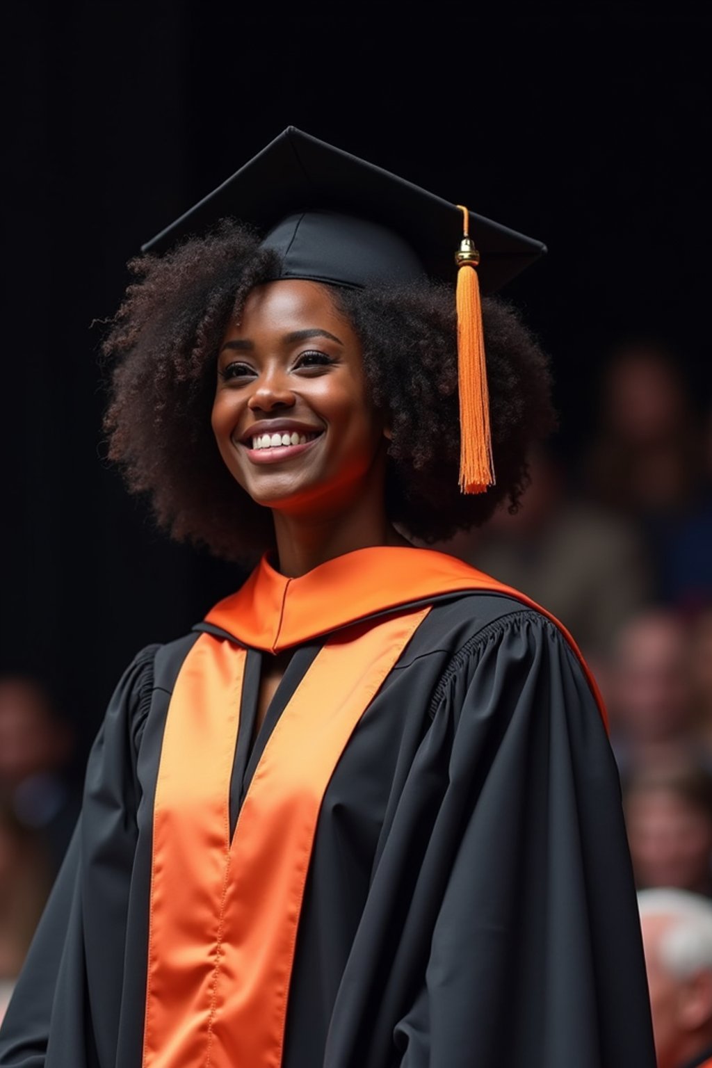 a graduate woman in their academic gown at stage to receive their diploma