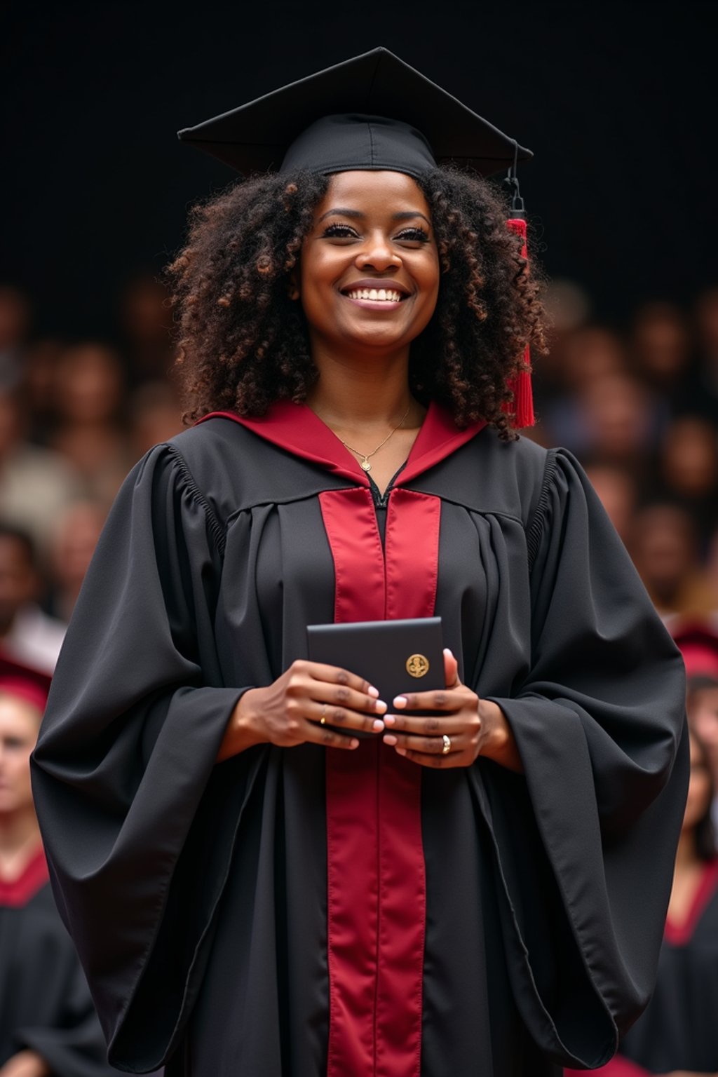 a graduate woman in their academic gown at stage to receive their diploma